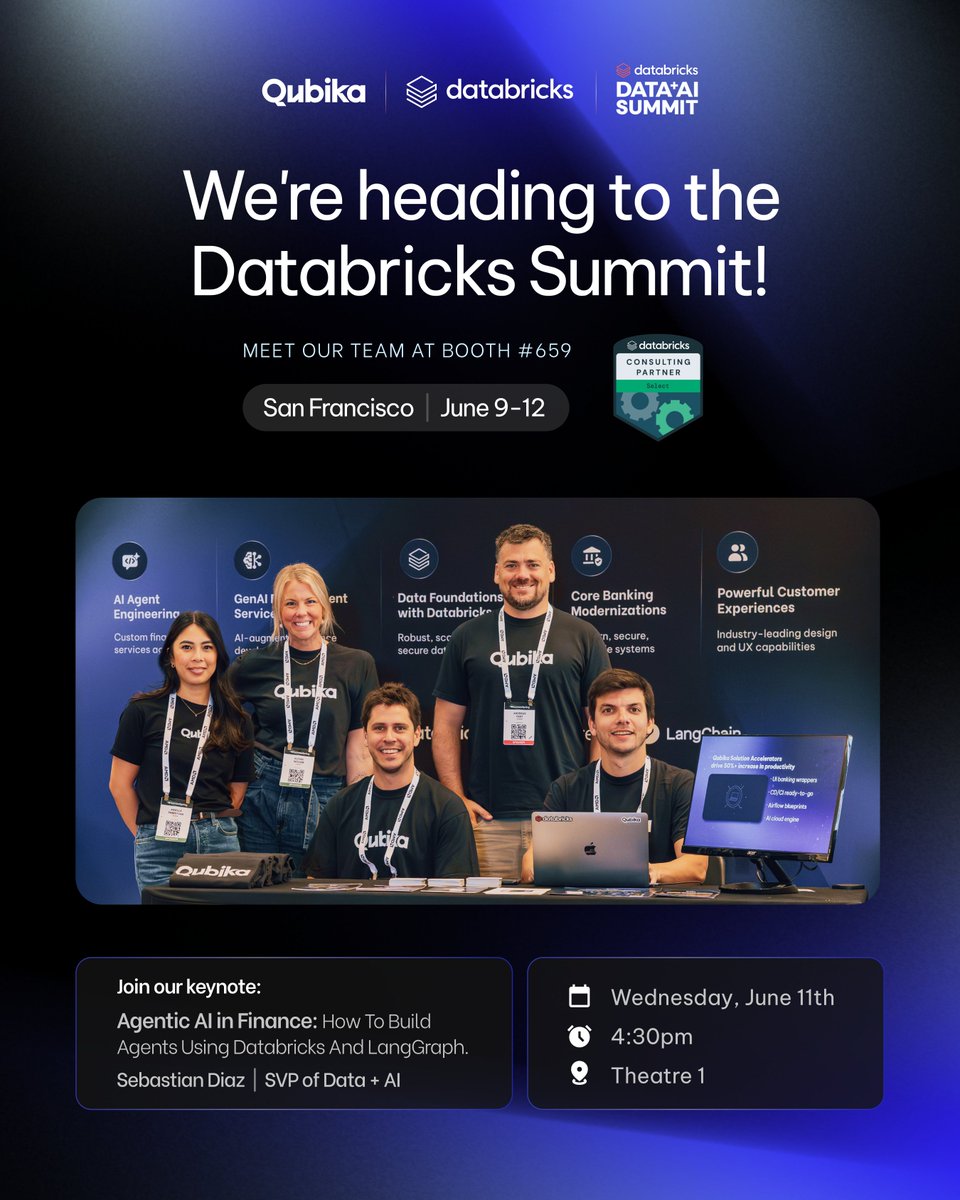 Qubika (@thisisqubika) on Twitter photo Our team will be heading to the <a href="/databricks/">Databricks</a> Data + AI Summit, from June 9-12.
đź“… Reach out to schedule a meeting.
📍Visit us at booth #659
🎤 Don’t miss our SVP of Data & AI, Sebastian Diaz, presenting best practices for building finance AI agents with Databricks and LangChain Our team will be heading to the <a href="/databricks/">Databricks</a> Data + AI Summit, from June 9-12.
đź“… Reach out to schedule a meeting.
📍Visit us at booth #659
🎤 Don’t miss our SVP of Data & AI, Sebastian Diaz, presenting best practices for building finance AI agents with Databricks and LangChain