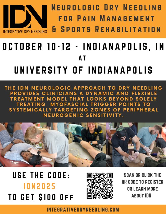 APTA Indiana (@indianaapta) on Twitter photo In collaboration with our Ortho Special Interest Group, <a href="/UIndyKSPT/">UIndy KSPT</a> is hosting a course on Integrative Dry Needling October 10-12.
Click the link to learn more and register!
integrativedryneedling.com/events/idn-fou… In collaboration with our Ortho Special Interest Group, <a href="/UIndyKSPT/">UIndy KSPT</a> is hosting a course on Integrative Dry Needling October 10-12.
Click the link to learn more and register!
integrativedryneedling.com/events/idn-fou…