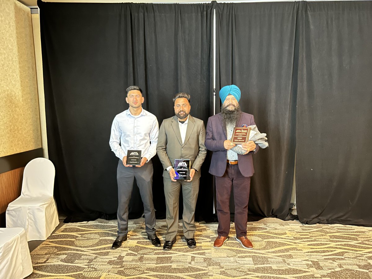 DriveTransX's tweet photo. Congrats to our 2025 Truck Driving Championship winners: 

1) Kawaljeet Singh - 1st place (Turnpike)
2) Parampreet Gill - 2nd place (Turnpike)
3) Upkar Bhambra - MTA-Inland Truck &amp; Equipment Industry Excellence Award

Your dedication shines! 

#TransX #AwardWinners #TeamTransX https://t.co/dP4RJNuVs6