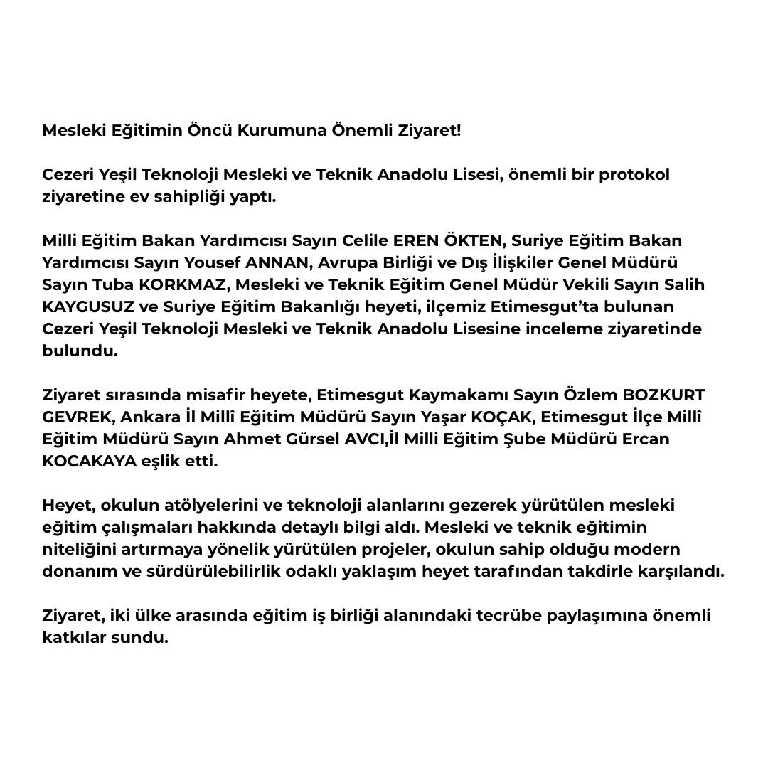 Etimesgut İlçe Millî Eğitim Müdürlüğü (@mem_etimesgut) on Twitter photo Cezeri Yeşil Teknoloji Mesleki ve Teknik Anadolu Lisesi, önemli bir protokol ziyaretine ev sahipliği yaptı.
<a href="/tcmeb/">Millî Eğitim Bakanlığı</a>
<a href="/EtimesgtKymkmlk/">Etimesgut Kaymakamlığı</a>
<a href="/AhmetGurselAVCI/">Ahmet Gürsel AVCI</a>
<a href="/MemAnkara/">Ankara İl Millî Eğitim Müdürlüğü</a>
<a href="/kocakysr/">Yaşar Koçak</a> Cezeri Yeşil Teknoloji Mesleki ve Teknik Anadolu Lisesi, önemli bir protokol ziyaretine ev sahipliği yaptı.
<a href="/tcmeb/">Millî Eğitim Bakanlığı</a>
<a href="/EtimesgtKymkmlk/">Etimesgut Kaymakamlığı</a>
<a href="/AhmetGurselAVCI/">Ahmet Gürsel AVCI</a>
<a href="/MemAnkara/">Ankara İl Millî Eğitim Müdürlüğü</a>
<a href="/kocakysr/">Yaşar Koçak</a>
