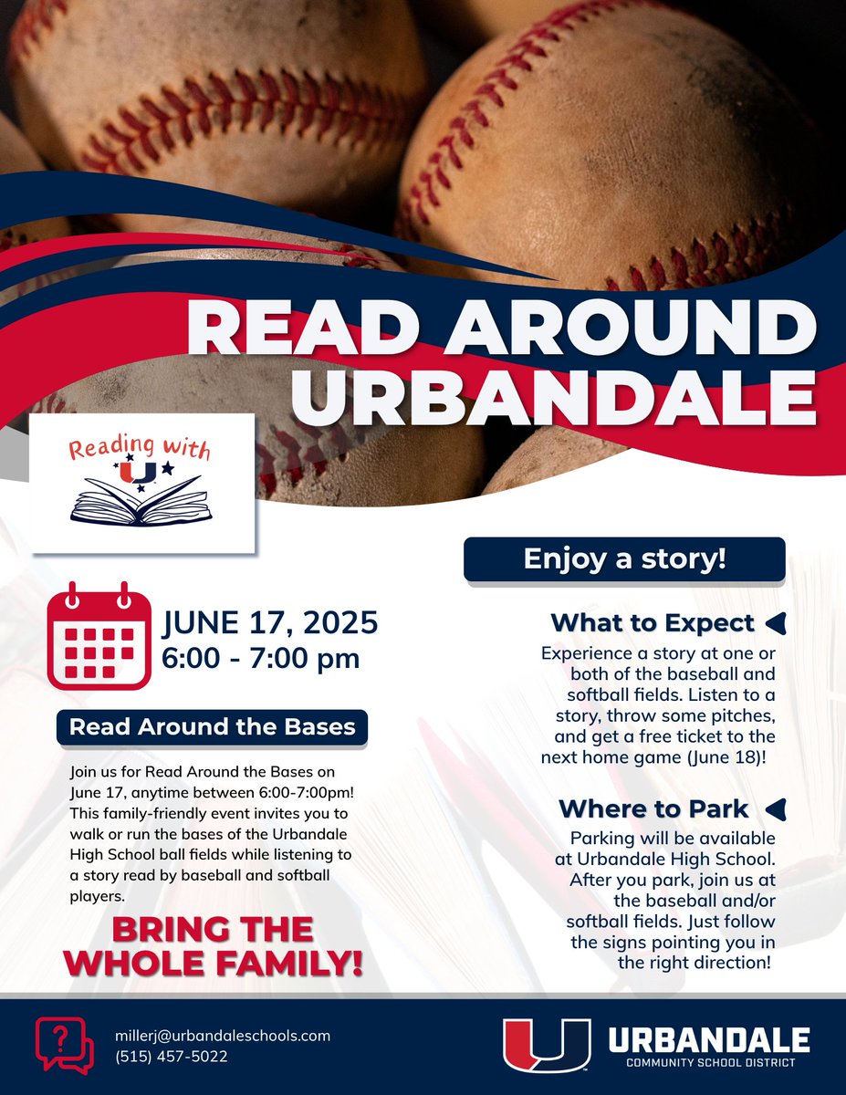 Join us for Read Around the Bases on June 17! PreK - 3rd grade students can walk or run the bases of the UHS ball fields while listening to a story read by baseball and softball players! See the flyer for more information!