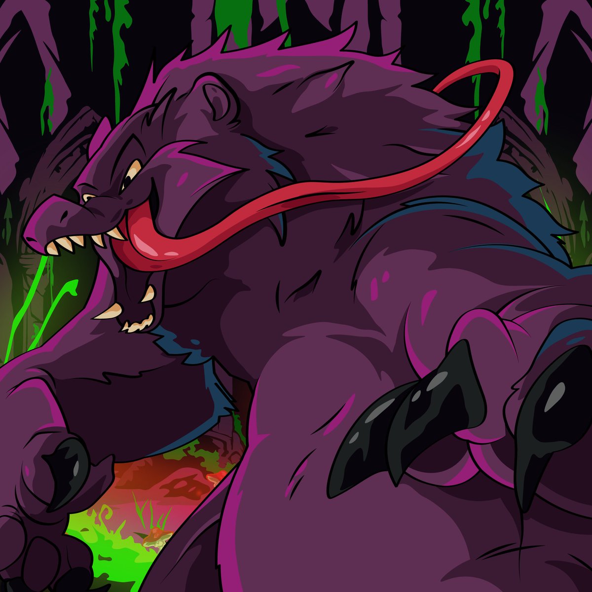 TavernStudios's tweet photo. 👅 Gulalingua 🐻   
The Rotting Depths - Enemy Showcase

A hulking beast the size of a bear, this creature moves with eerie silence despite its bulk. Its small head rests atop a broad, muscular frame, giving it an unsettling silhouette. From its snout extends a grotesquely long, whip-like tongue — twice the creature’s own height —which it uses to taste and smell the air, probing for prey like a serpent testing the wind.

When it detects a target, the tongue lashes out with terrifying speed, coiling around its victim with crushing force, capable of lifting even the heaviest prey. Once secured, a second, hidden mouth splits open beneath its head, revealing rows of needle-like teeth as it drags its helpless meal into a gaping, bottomless throat.