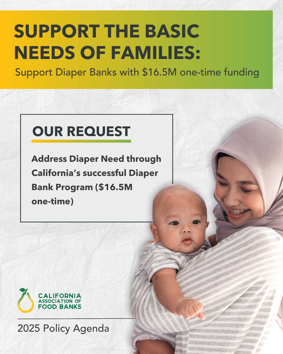CAFoodBanks's tweet image. 28% of those reporting #DiaperNeed skip meals to afford diapers. CA’s Diaper Banks are a lifeline for families. Without funding in the #CABudget, families in 39 counties (including #LA, #SD, &amp;amp; #SF) will lose access to diapers. #CALeg must not let this happen‼️
h/t @AsmLizOrtega