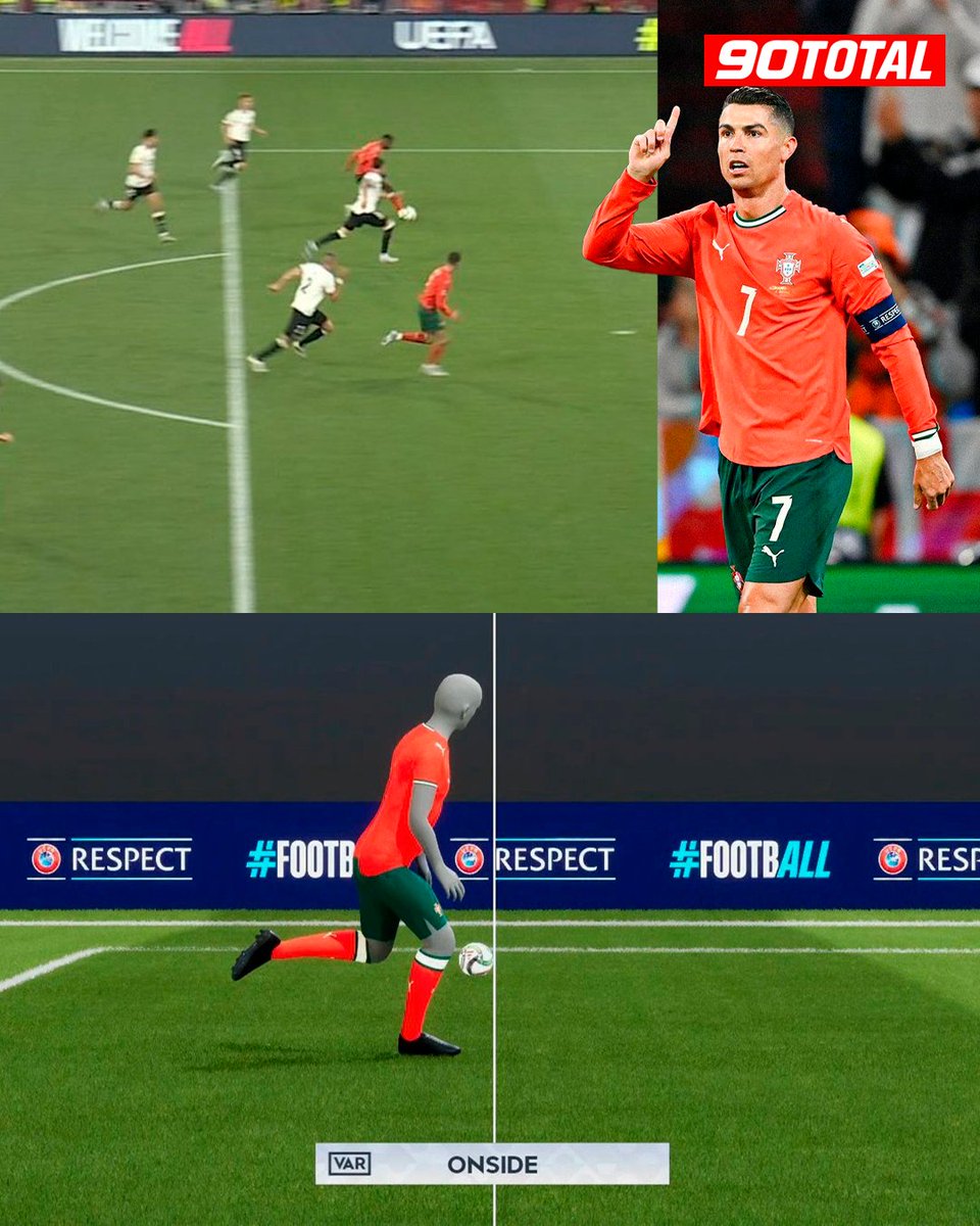 90totalmx's tweet photo. ¿FUERA DE JUEGO? 🤨
La UEFA asegura que el balón estaba por delante.
👉 El gol de Cristiano Ronaldo fue válido… ¡y subió al marcador! ⚽🇵🇹
¿Tú qué opinas?

#CristianoRonaldo #Portugal #Euro2024 #GOAT #FueraDeJuego #UEFA #90Total https://t.co/P3rvm8x9vZ