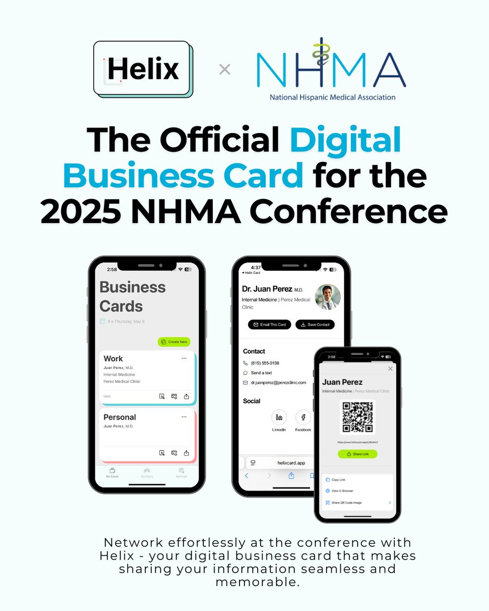 National Hispanic Medical Association (@nhmamd) on Twitter photo NHMA is making networking at the Annual Conference a breeze!
We’re proud to partner with <a href="/HelixCardApp/">Helix Card</a> to provide all conference attendees a digital business card. Connect with fellow professionals, store & access their contact information more easily than ever before. #NHMA2025 NHMA is making networking at the Annual Conference a breeze!
We’re proud to partner with <a href="/HelixCardApp/">Helix Card</a> to provide all conference attendees a digital business card. Connect with fellow professionals, store & access their contact information more easily than ever before. #NHMA2025