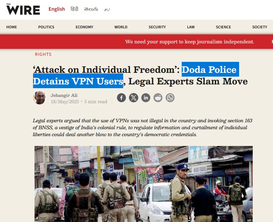 On me murmure "mais ce n'est pas possible d'interdire un VPN"? Ooooh si. 
L'inde vient de le faire.

Il est interdit aux résidents du district de Doda d'utiliser des VPN pendant 2 mois , car "des gens les utilisent pour contourner des restrictions". Ils sont en train d'incarcérer