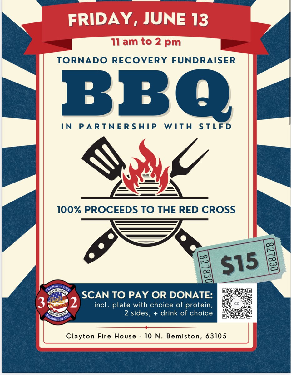 Join us for a BBQ next Friday, June 13th, 11 am-2 pm at Clayton Firehouse, 10 N Bemiston, Clayton, MO! Help raise funds for tornado victims—come hungry and bring your friends! 🍽️ #ClaytonFire #BBQForACause