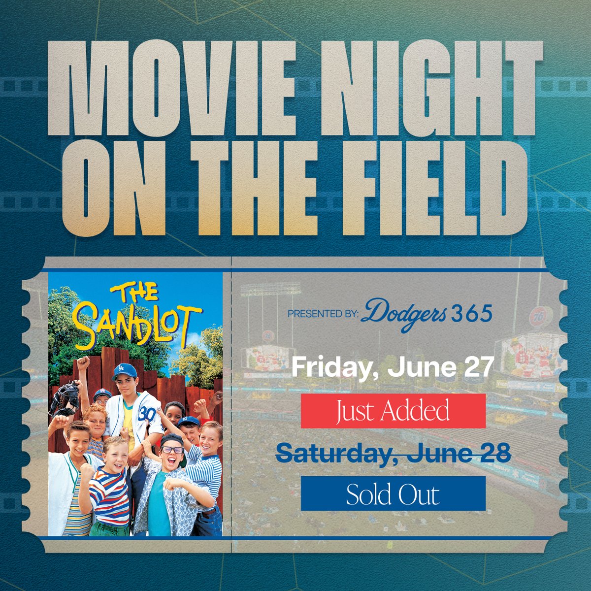Movie night at Dodger Stadium? Count us in!

Enjoy special photo opportunities, pitching in the bullpens, specialty concessions and more! For tickets, visit Dodgers.com/movienight.