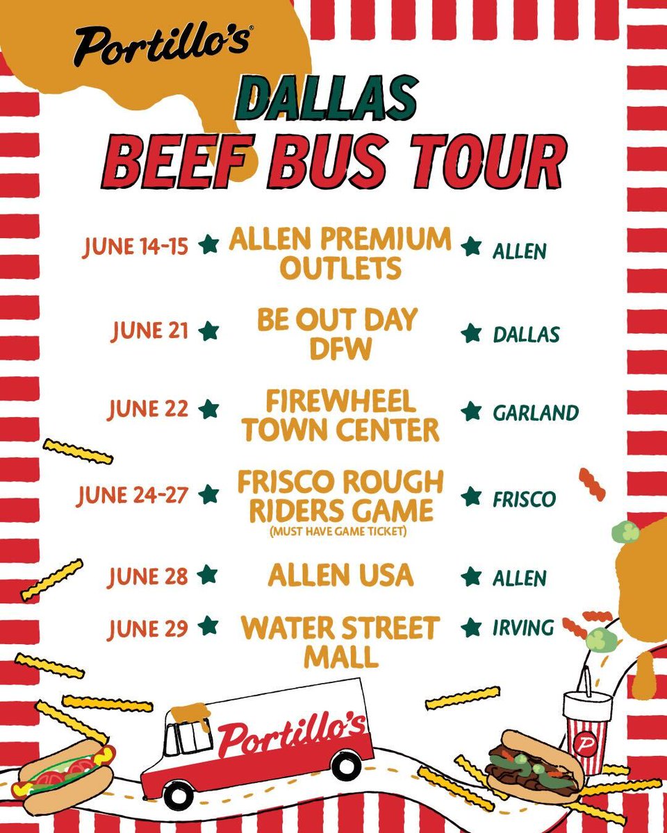 BeefBusOfficial's tweet image. The Beef Bus is heading to Dallas-Fort Worth! Make sure you save the date for your favorite stop. 

More info here: portillos.com/beef-bus-dalla…