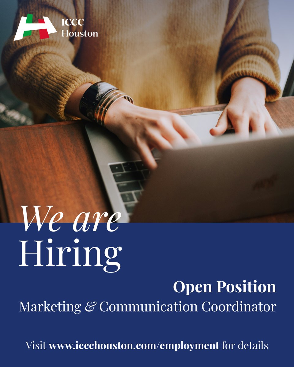 ICCCHouston's tweet photo. Join our team at the Italian Cultural &amp; Community Center! We are accepting applications for our Marketing &amp; Communication Coordinator position. Candidates must be highly organized with strong writing and graphic design skills.
For details, go to https://t.co/iE7NJyl3sI. https://t.co/hrkQpHUANh
