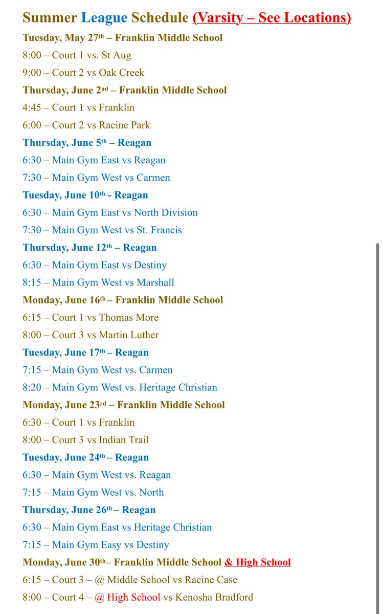JustinSpeed2027's tweet photo. Summer League Schedule Varsity 2025-26 https://t.co/WzMuPUD7T0