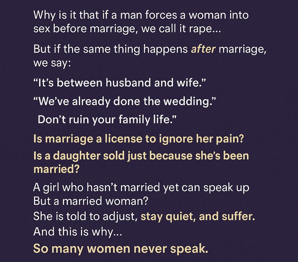 MansiHardikSoni's tweet image. They live trapped in fear, shame, and violence —
because society doesn’t hear what it doesn’t want to accept.
#MaritalRapeIsRape
#WomenAreNotProperty
#ConsentInMarriageMatters
#BreakTheSilence
#GenderJustice
#MyVoiceForHer