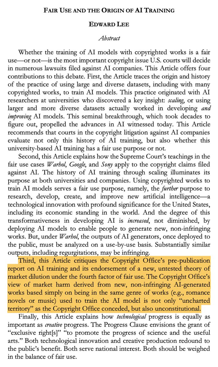 Updated my article to respond to the Copyright Office’s endorsement of copyright dilution as market harm under Factor 4 of fair use. It’s not only “uncharted territory,” it’s unconstitutional. Paper: papers.ssrn.com/sol3/papers.cf…