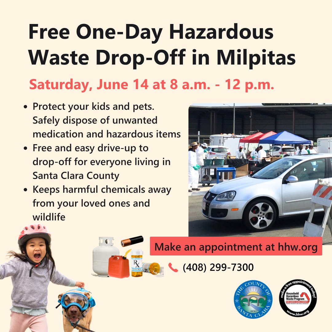SCCHHW's tweet photo. 🎒🐾 School’s out soon! Keep kids &amp; pets safe from household hazardous waste &amp; meds. Drop them off at our free #Milpitas event:
🗓️ Sat, June 14 | 8am–12pm
📍Schedule a free appointment: https://t.co/8IIMyt6S98
#SantaClaraCounty #HHW https://t.co/neP4xGCpb1
