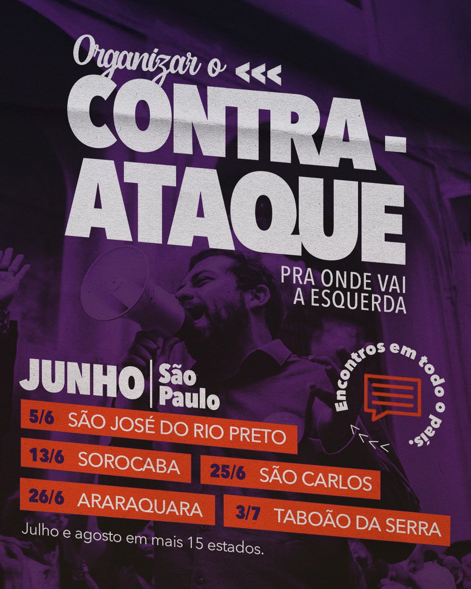 A direita já está se mexendo para 2026 — e a gente não vai ficar parado.
Eu vou viajar o Brasil, fortalecendo a luta com a nossa militância em cada canto do país para construir o nosso contra-ataque. Começo por SP agora em junho e depois sigo por mais 15 estados. Quero encontrar
