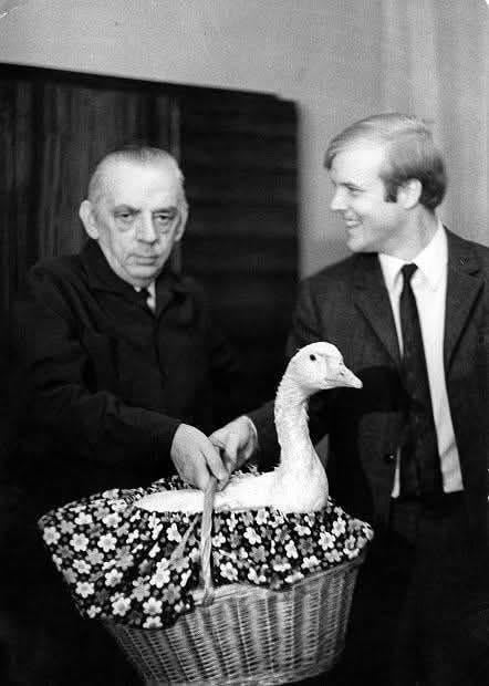 Swedish mathematician Per Enflo winning a live goose for solving a 1936 math problem posed by Polish mathematician Stanisław Mazur. 
This math problem was part of the famous “Scottish Book” of the Lwów School of Mathematics.
1972