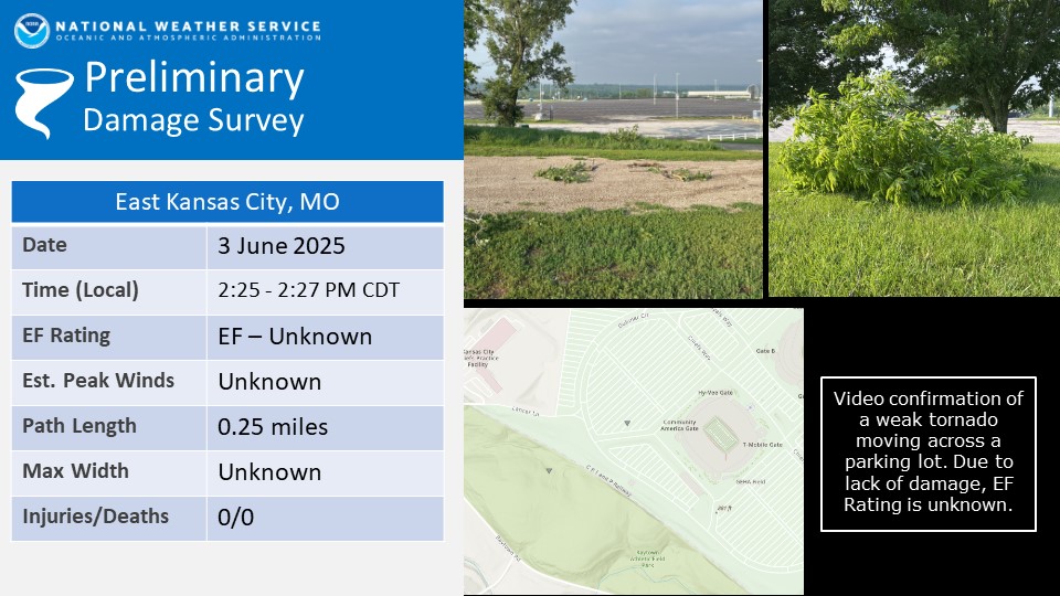 NWSKansasCity's tweet photo. Two tornadoes occurred in eastern Kansas City, MO through Independence, MO. The first tornado is only confirmed via a radar debris signature and video footage and damage is limited, therefore it's EF rating is unknown. The second tornado is rated EF-1 with several damaged trees. https://t.co/cxYMSoJbcy