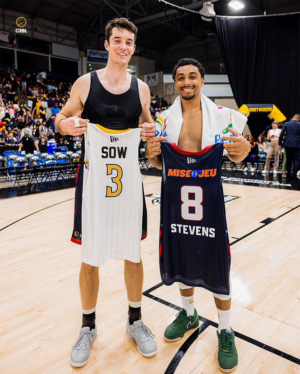 More than the game 🦅

Once <a href="/WLUAthletics/">Laurier Golden Hawks</a> teammates, now opponents— Ben Stevens and Ali Sow shared a special moment after today’s battle in Brampton

#PullUp | #CEBLSeasonVII