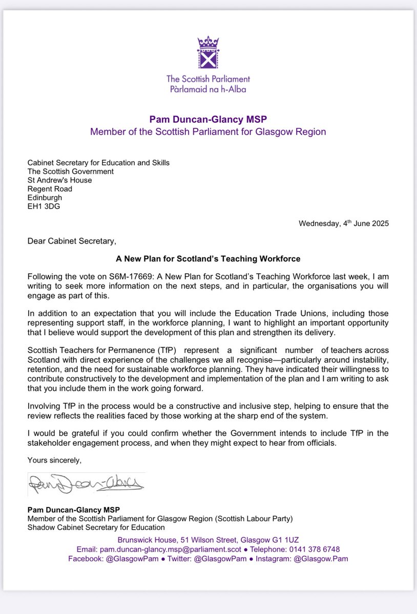 Scottish Teachers for Permanence (@teachers4perm) on Twitter photo 📣 Two MSPs have now taken action to support Scottish Teachers for Permanence being included in the new plan for Scotland’s teaching workforce.
<a href="/GlasgowPam/">Pam Duncan-Glancy MSP</a> has written to the Cabinet Secretary, and Siobhan Brown to say she’s also written to ask that we be included.
The message 📣 Two MSPs have now taken action to support Scottish Teachers for Permanence being included in the new plan for Scotland’s teaching workforce.
<a href="/GlasgowPam/">Pam Duncan-Glancy MSP</a> has written to the Cabinet Secretary, and Siobhan Brown to say she’s also written to ask that we be included.
The message