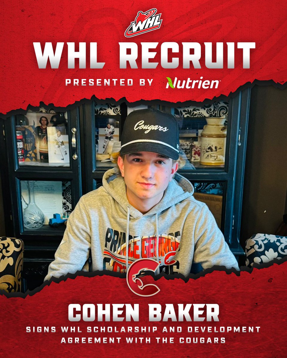 The <a href="/PGCougars/">Prince George Cougars</a> have announced they've inked Cohen Baker to a WHL Scholarship and Development Agreement. 

The 2010-born forward was the 17th-overall selection in the 2025 WHL Prospects Draft.

📝 | tinyurl.com/3pzebdke