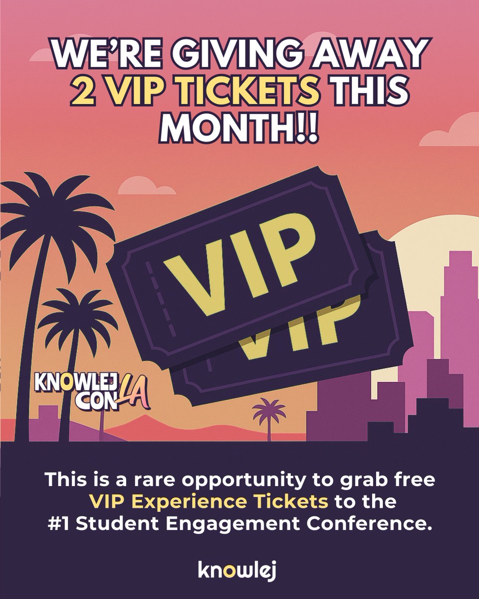 🚨 VIP TICKET GIVEAWAY! 🚨
We’re giving away 2 VIP passes to the #1 Student Engagement Conference — Knowlej Con! 🎟️

👉 How to enter:
✅ Follow <a href="/getknowlej/">Knowlej</a> + @knowlejcon
✅ Tag 3 friends in the replies!

Winners announced LIVE July 1st 🎉
#KnowlejCon #EdTech #VIPGiveaway