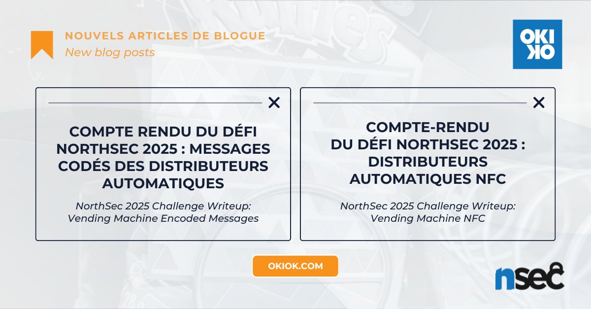 OKIOK 7e sur 93 équipes au #NSec2025! 💪 Découvrez nos défis NFC &amp; messages codés.
--
OKIOK ranked 7th out of 93 teams at #NSec2025! 💪 Check out our NFC &amp; encoded messages write-ups.

📲 okiok.com/northsec-2025-…
🔤 okiok.com/northsec-2025-…