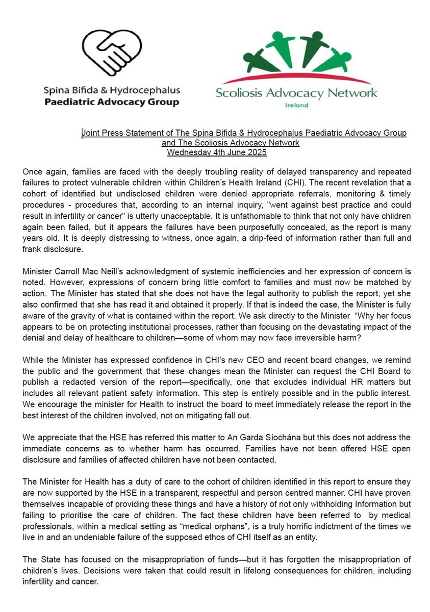 Spina Bifida & Hydrocephalus Paeds Advocacy#backus (@sbh_pag) on Twitter photo 🚨 “Failure to provide procedures went against best practice procedures & could result in infertility or cancer, the inquiry found”
We call on <a href="/CarrollJennifer/">Jennifer Carroll MacNeill TD</a> to instruct the CHI Board to publish a redacted report in the public interest
<a href="/scolionetwork/">The Scoliosis Advocacy Network #BackUs</a>
#MedicalOrphans #backus 🚨 “Failure to provide procedures went against best practice procedures & could result in infertility or cancer, the inquiry found”
We call on <a href="/CarrollJennifer/">Jennifer Carroll MacNeill TD</a> to instruct the CHI Board to publish a redacted report in the public interest
<a href="/scolionetwork/">The Scoliosis Advocacy Network #BackUs</a>
#MedicalOrphans #backus