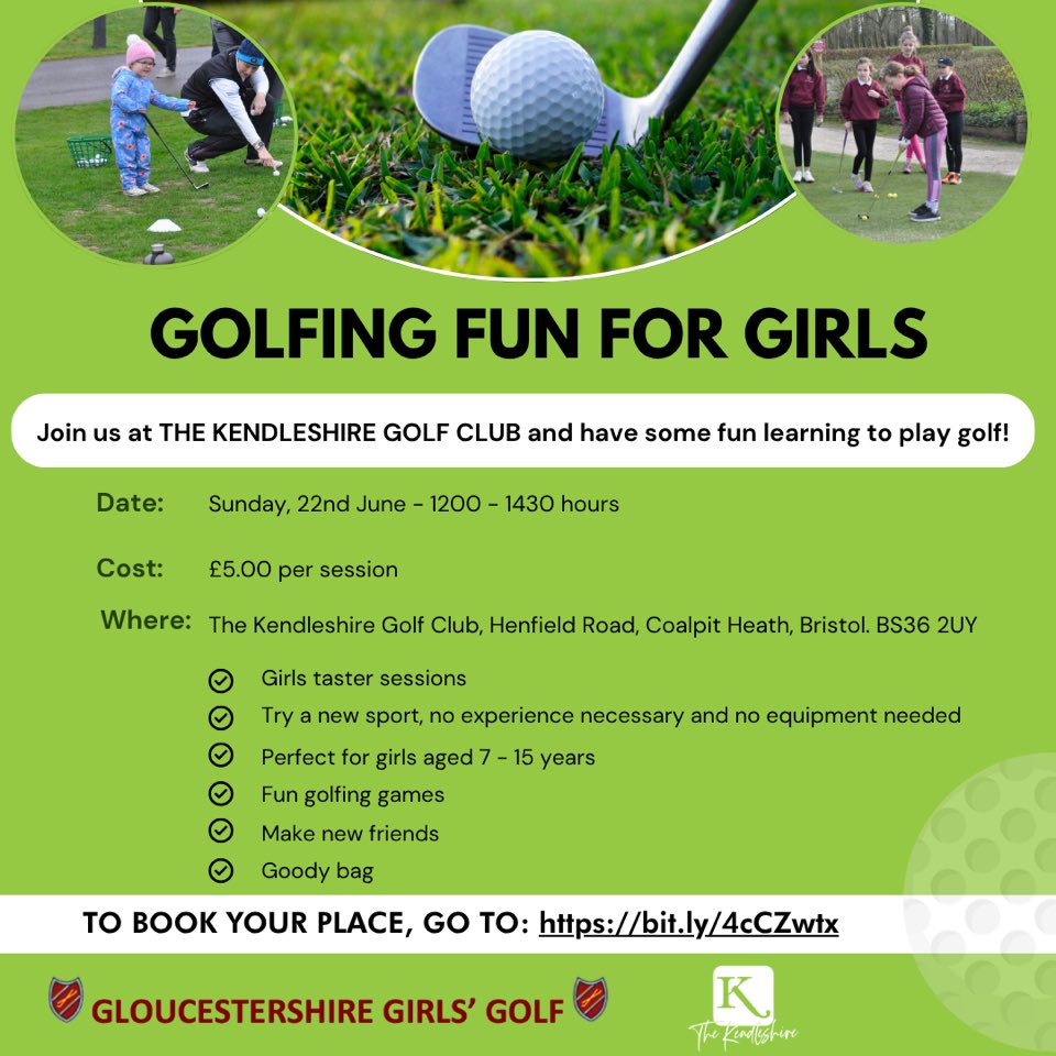 Glos Ladies Golf (@glcga) on Twitter photo GOLFING FUN FOR GIRLS AT THE KENDLESHIRE GC
We're on a mission to get more girls (aged 7-15 years) golfing by running a taster session at The Kendleshire GC on 22nd June. To book your place click on the link:
bit.ly/4cCZwtx
<a href="/Glosgolf/">Gloucestershire Golf</a>
<a href="/thekendleshire/">The Kendleshire</a>
<a href="/EnglandGolf/">England Golf</a> GOLFING FUN FOR GIRLS AT THE KENDLESHIRE GC
We're on a mission to get more girls (aged 7-15 years) golfing by running a taster session at The Kendleshire GC on 22nd June. To book your place click on the link:
bit.ly/4cCZwtx
<a href="/Glosgolf/">Gloucestershire Golf</a>
<a href="/thekendleshire/">The Kendleshire</a>
<a href="/EnglandGolf/">England Golf</a>