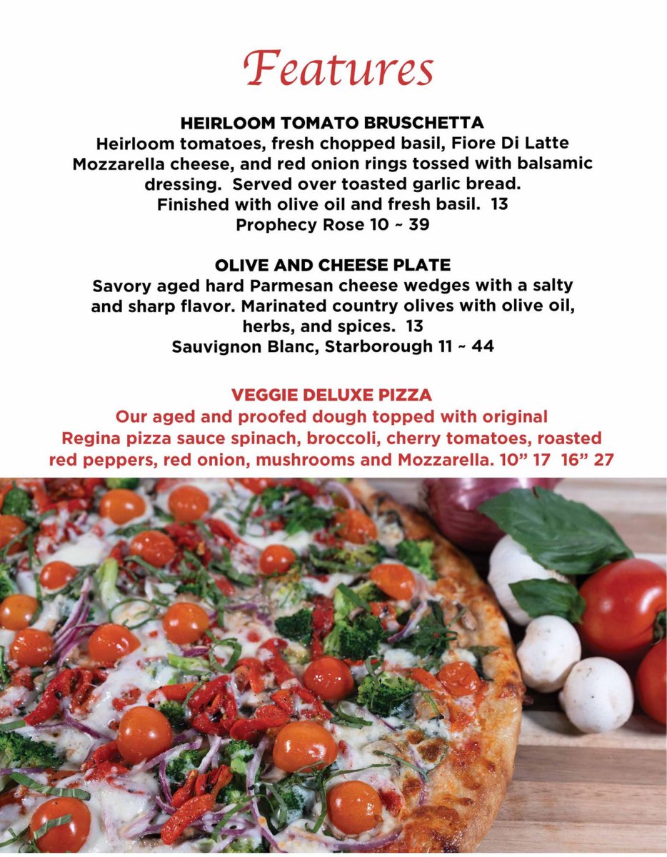 Visit us in Medford and try our June Specials! Start with our Heirloom Tomato Bruschetta or Olive &amp; Cheese Plate and the go with our new Veggie Deluxe Pizza! 🍕