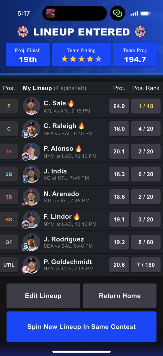 Projected finish 19th!? How does this lineup lose tonight?? <a href="/FantasySpin/">FantasySpin App</a>