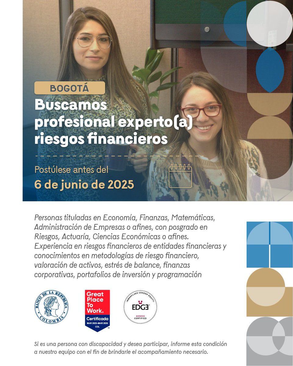 Banco República 🇨🇴 (@bancorepublica) on Twitter photo Deje su huella en Colombia y conviértase en #TalentoBanRep
Estamos en busca de profesional experto(a) riesgos financieros. Postúlese 👉 ow.ly/t1Zk50W4tr4
Las ofertas de empleo del <a href="/BancoRepublica/">Banco República 🇨🇴</a> son gratuitas y no requieren de intermediarios para participar en las mismas. Deje su huella en Colombia y conviértase en #TalentoBanRep
Estamos en busca de profesional experto(a) riesgos financieros. Postúlese 👉 ow.ly/t1Zk50W4tr4
Las ofertas de empleo del <a href="/BancoRepublica/">Banco República 🇨🇴</a> son gratuitas y no requieren de intermediarios para participar en las mismas.