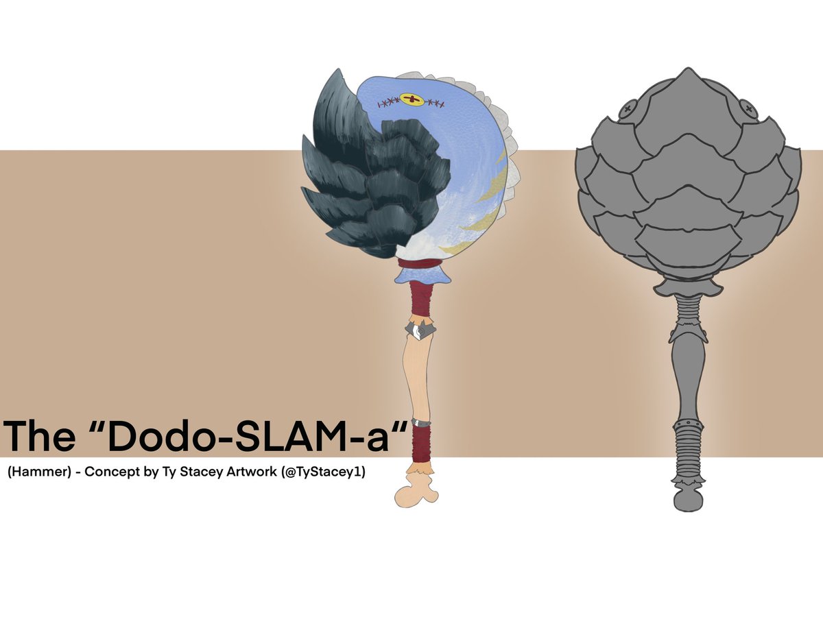 TyStacey1's tweet photo. Here’s my entry for the #MHWilds #weaponentry the “Dodo-slam-a” hammer.

I imagine it’s made of canvas on the back and puffs up when you charge the weapon https://t.co/z78URrGNR1