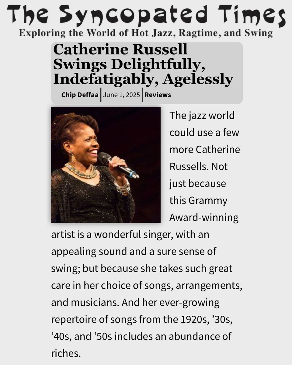 Thanks to The Syncopated Times for their review of Catherine Russell’s performance at Birdland!  Visit syncopatedtimes.com/catherine-russ… for the complete review. 

#catherinerussell #thesyncopatedtimes #jazzreview #birdland #jazzband #jazzsinger #jazz