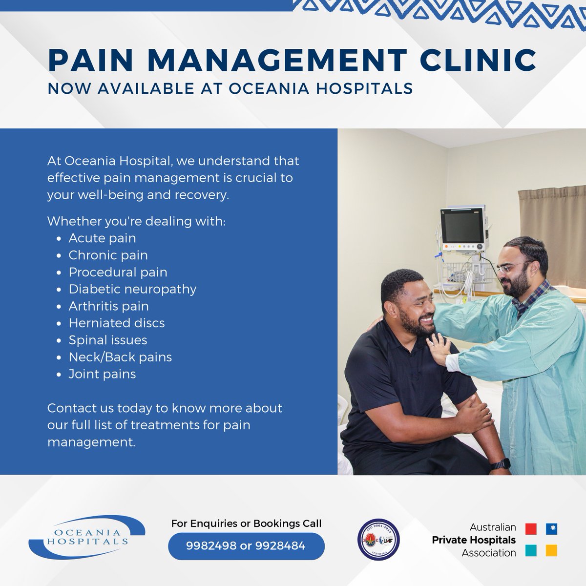 Struggling with chronic pain, arthritis, or spinal issues? Our dedicated team is here to help you find relief and improve your quality of life.

📍 Now available at Oceania Hospitals!
📞 Call us at 9982498 or 9928484 to book your appointment today.

#OceaniaHospitals