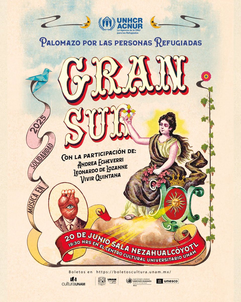 🎶 ¡No te pierdas el Palomazo por las personas refugiadas 2025!   

🎼Una noche de #MúsicaEnSolidaridad con <a href="/gransurmex/">Gran Sur 🇲🇽</a>, <a href="/ndreaEcheverri/">Andrea Echeverri</a>, <a href="/leodelozanne/">Leonardo de Lozanne</a>, <a href="/vivirquintana/">Vivir Quintana</a> y artistas refugiados.
 
📅20 de junio, 19:30 h
📍 Sala Nezahualcóyotl, <a href="/CulturaUNAM/">CulturaUNAM</a> 
🎟️ boletoscultura.unam.mx