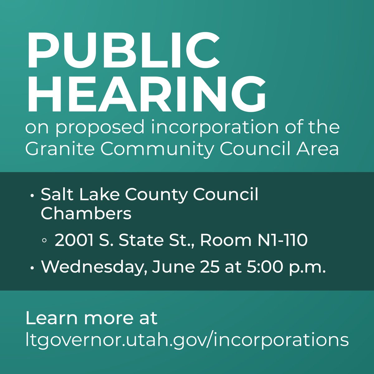 VoteSLCo's tweet image. A public hearing on the proposed incorporation of the Granite Community Council Area will be held June 25 at 5 p.m. at the Government Center.
This hearing is to provide info on incorporation, the process, and landowner rights.
Learn more at ltgovernor.utah.gov/incorporations