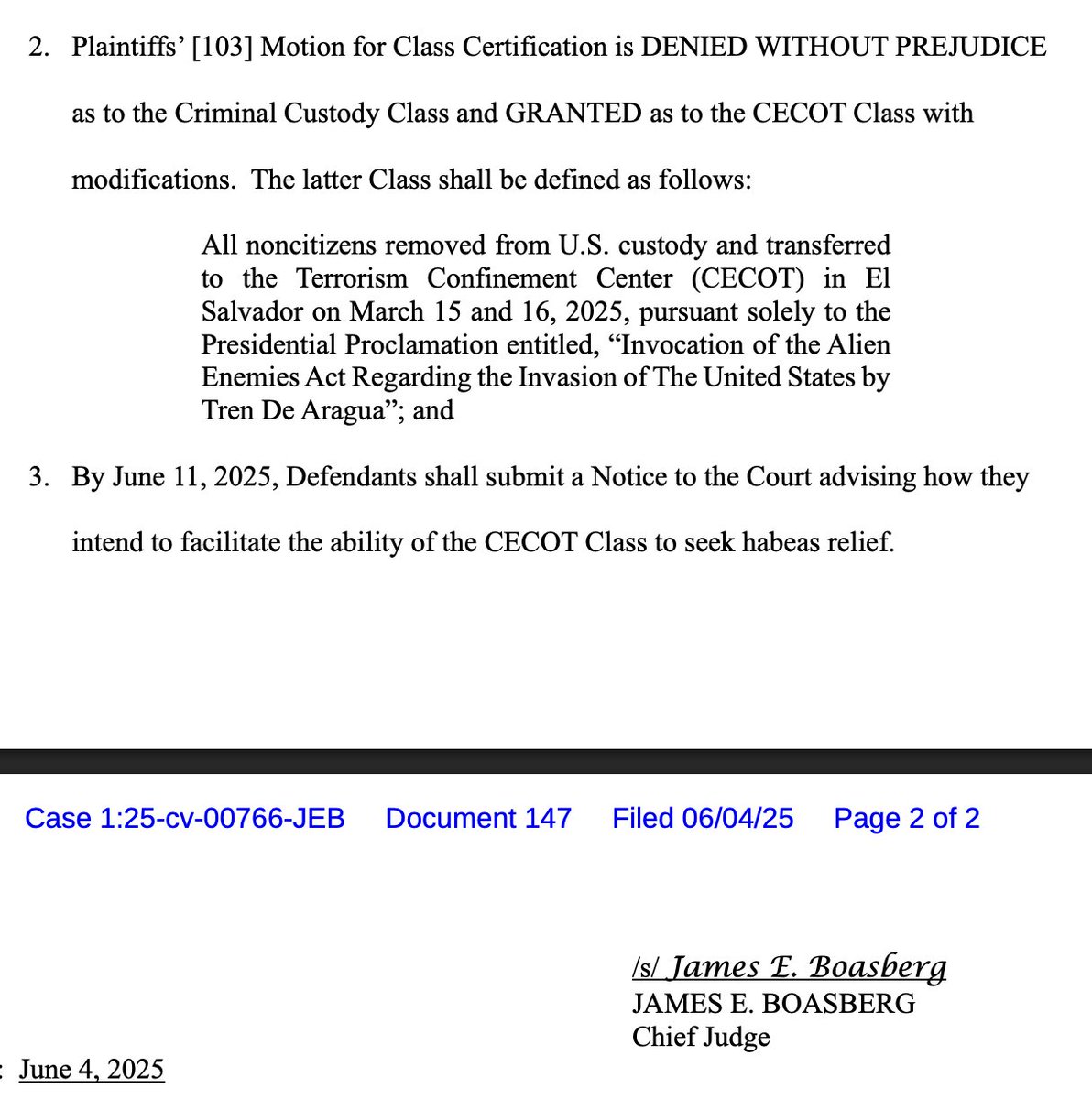 BREAKING: Chief Judge James Boasberg finds that those people sent to CECOT under the Alien Enemies Act on March 15-16 had their due process rights violates and certifies them as a class. He orders that the government "facilitate" the ability for them to seek habeas relief.