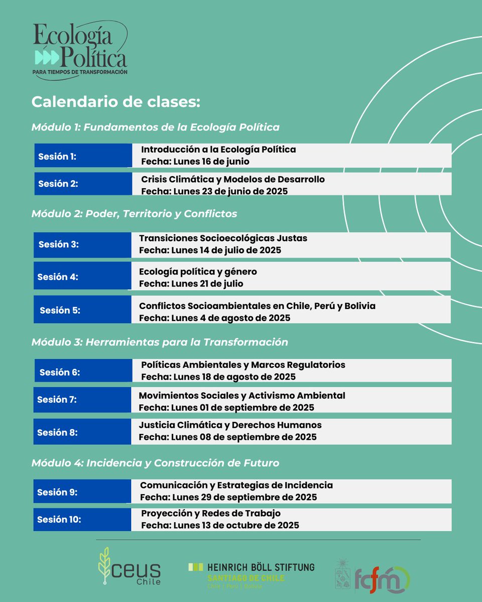 Les invitamos a revisar el programa de nuestro Curso Ecología Política para Tiempos de Transformación.

Podrás encontrar nuestro objetivo, los criterios de aprobación y certificación, además del calendario de clases. 

Inscríbete hasta el 8 de junio en: linktr.ee/CEUSCHILE