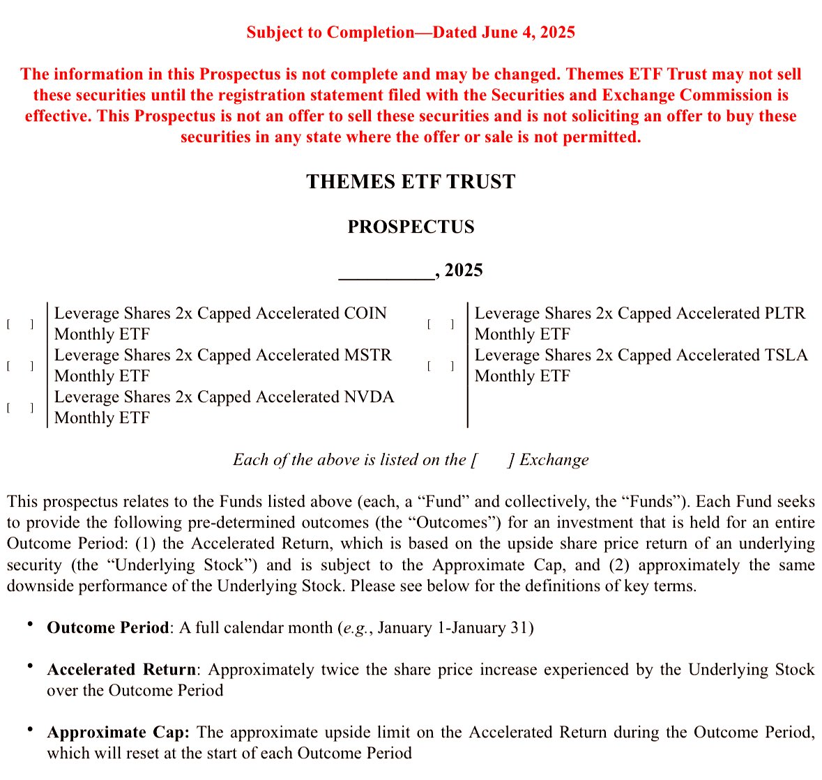 New Filing: Leverage Shares 2x Capped Accelerated Monthly ETFs.

2x monthly upside (up to a cap), 1x downside (no buffer).