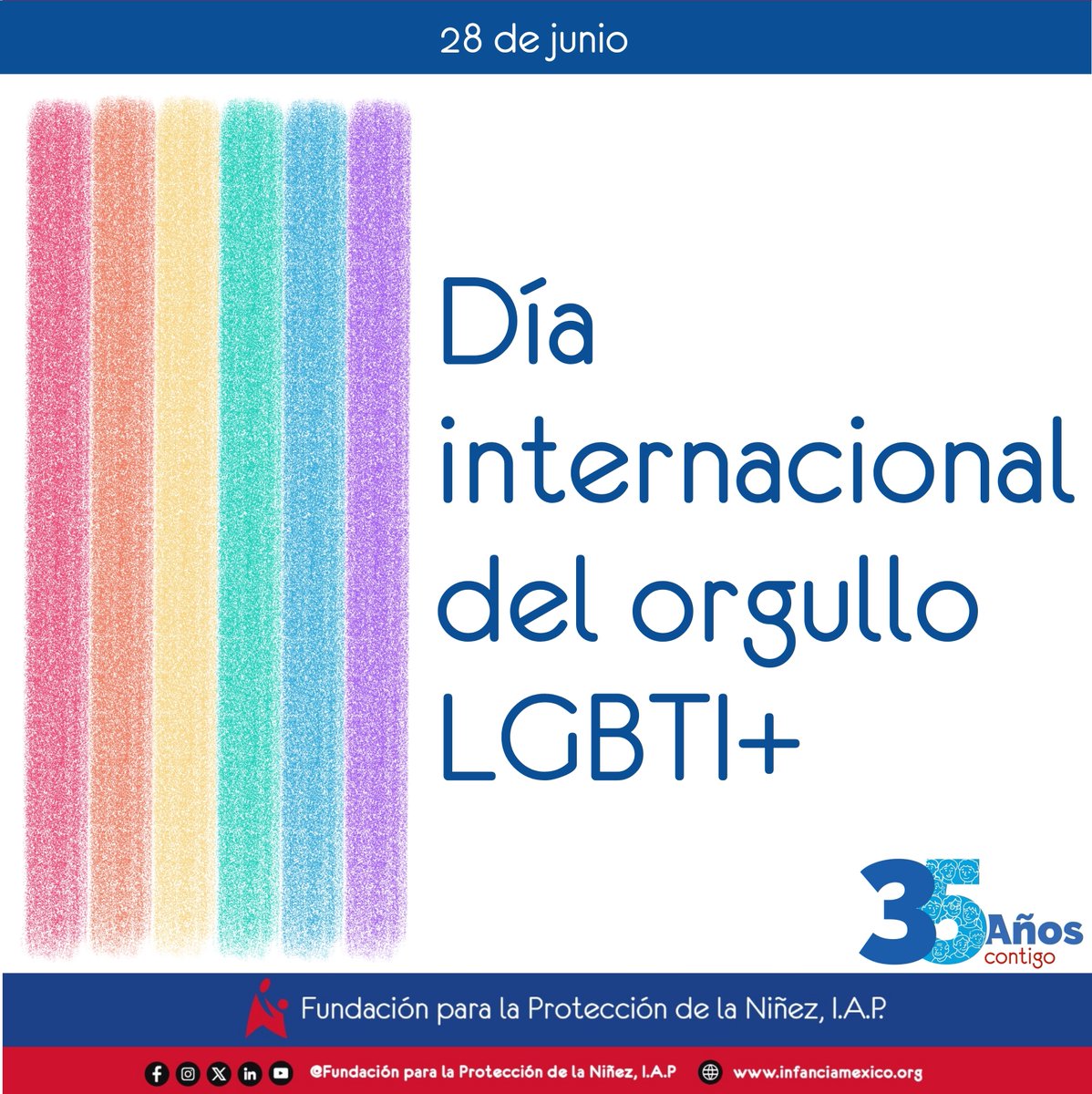 En el Día Internacional del Orgullo LGBT+, reafirmamos nuestro compromiso con la dignidad, el bienestar y la libertad de niñas, niños y adolescentes que forman parte de la diversidad sexual y de género.

 Protege, acompaña y ama sin condiciones.

#SomosFPN #35AñosContigo
