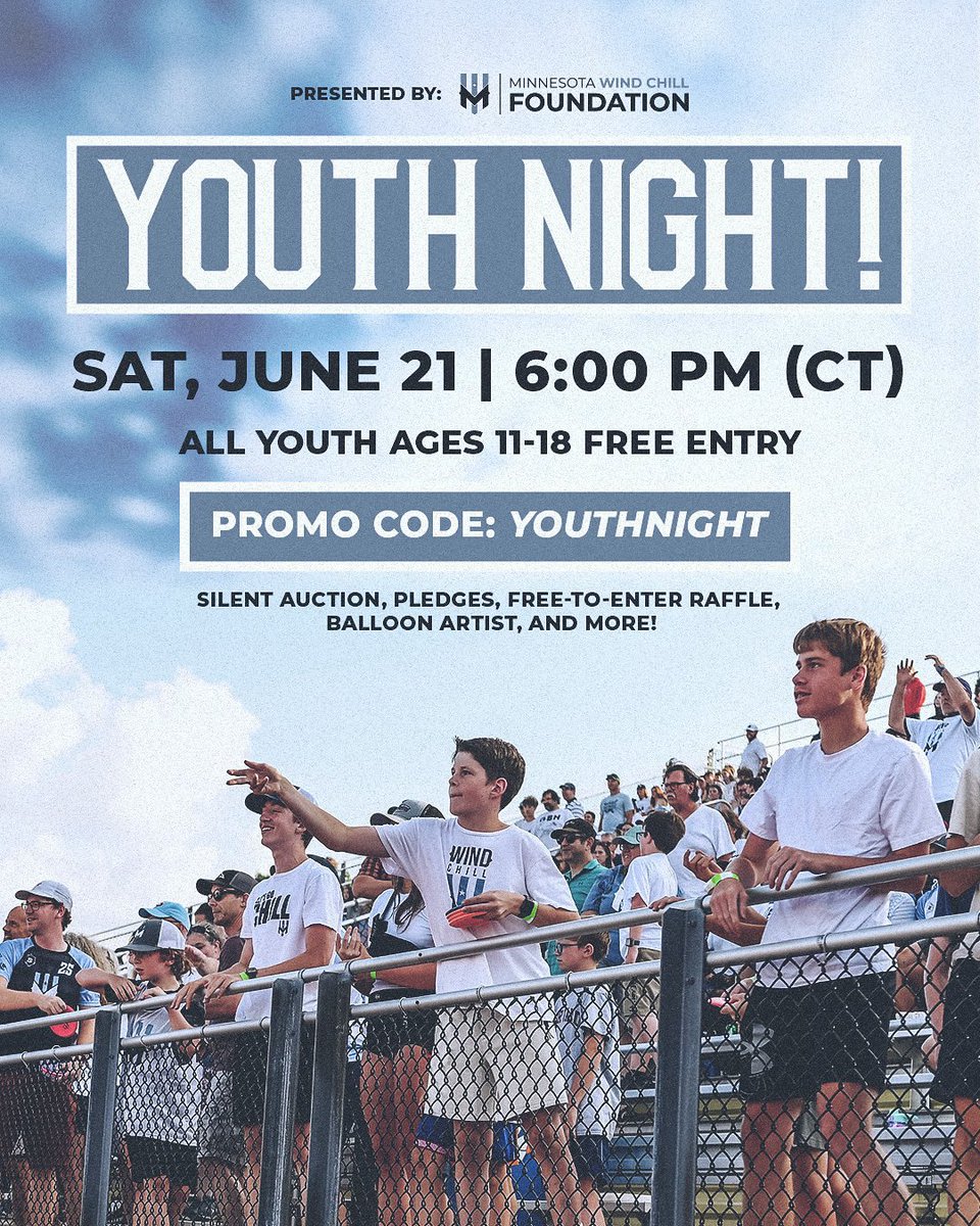 Get excited for our Youth Night game presented by the Minnesota Wind Chill Foundation on Saturday, June 21st!

The game will feature:
🥏A pre-game youth ultimate event for players, coaches, parents, etc. (learn more and register: forms.gle/8R9Aw9AwBgG8aw…)