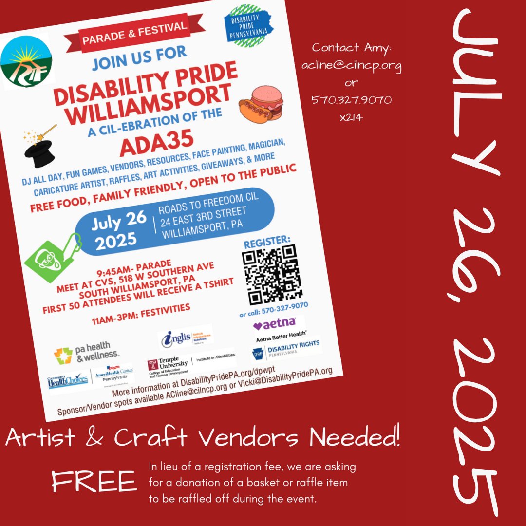 📣 We are still looking for artists and craft vendors to join us at this year's Disability Pride Williamsport ADA CILebration.

If you are interested or know someone who might be, please contact Amy at acline@cilncp.org.