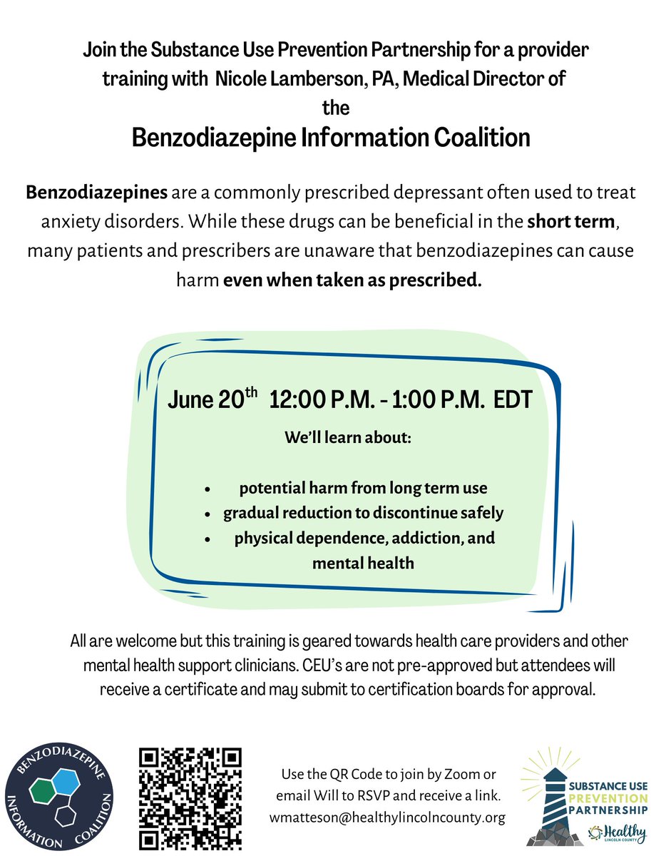 Benzodiazepine Information Coalition (@bzinfocoalition) on Twitter photo Join us June 20 for a free Zoom training on benzo harms, physical dependence & taperingāled by our Medical Director, Nicole Lamberson, PA. Open to all, provider-focused. Q&A prioritizes clinician questions.
RSVP: wmatteson@healthylincolncounty.org or scan the flyer QR. Join us June 20 for a free Zoom training on benzo harms, physical dependence & taperingāled by our Medical Director, Nicole Lamberson, PA. Open to all, provider-focused. Q&A prioritizes clinician questions.
RSVP: wmatteson@healthylincolncounty.org or scan the flyer QR.