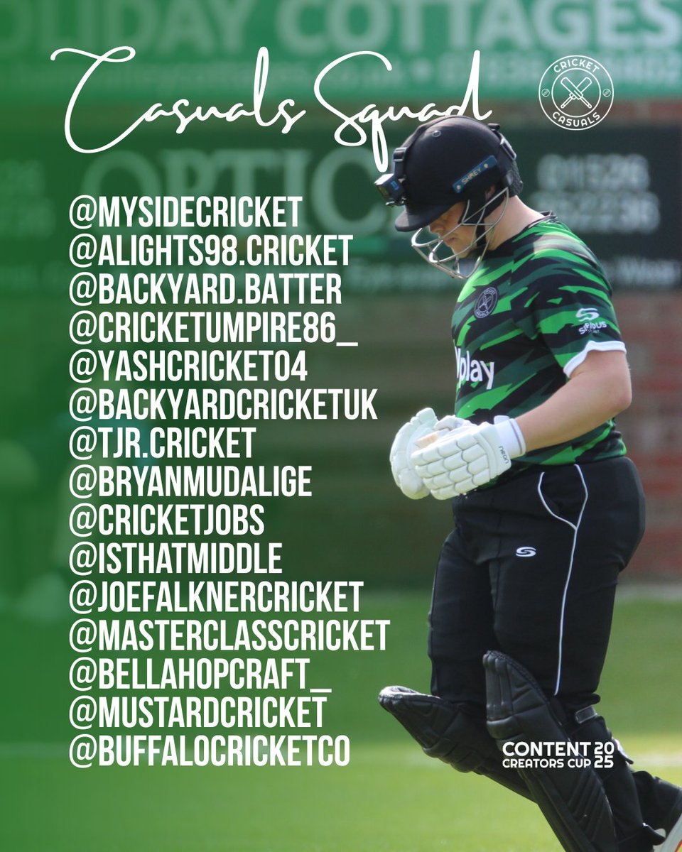 💚 Your Cricket Casuals squad for CCC25!

🤝 Follow them on Instagram to see how they're preparing to retain the Content Creators Cup.

💬 Who do you reckon will be our player of the tournament!