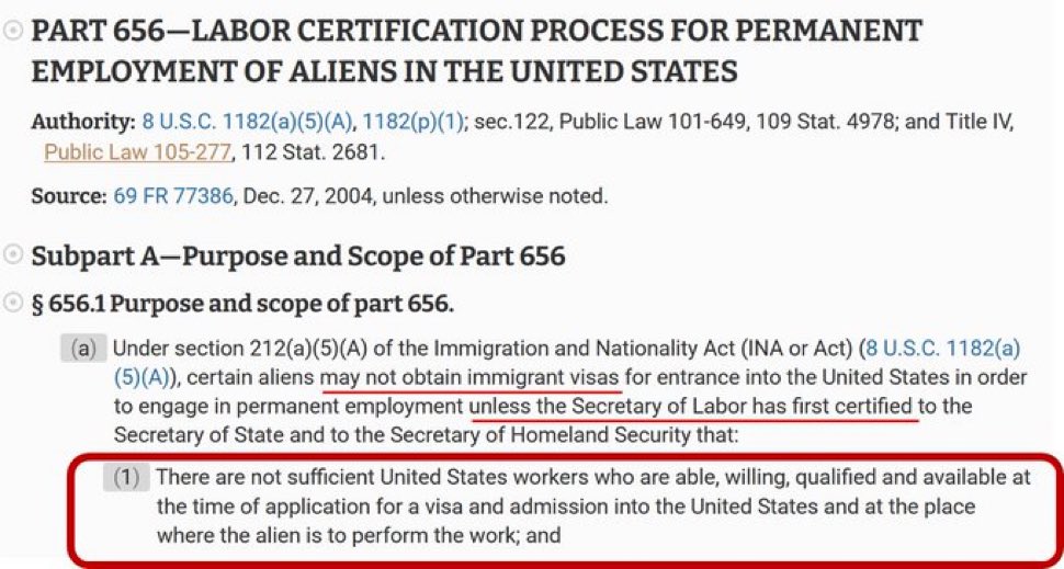 Under Part 656 of Title 20 in the Code of Federal Regulations, no Green Cards can be granted if there are available qualified Americans. Employers make a mockery of the law and the U.S. government signs off on it.