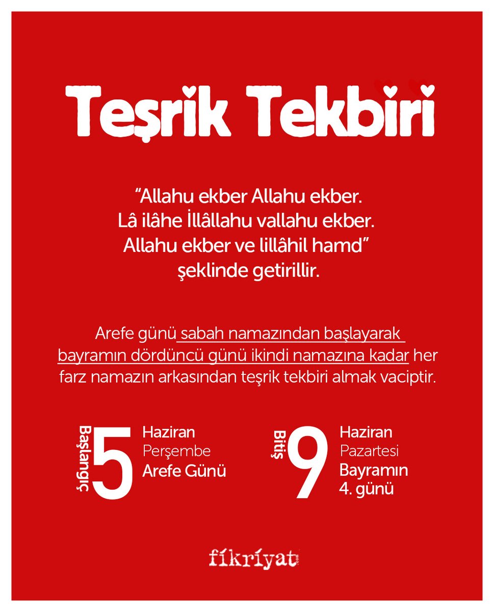 Önemli hatırlatma 📢

Teşrik tekbirlerini #arefe günü sabah namazından başlayarak bayramın dördüncü günü ikindi namazına kadar, ikindi namazı da dahil olmak üzere farz namazların arkasından birer defa getirmek vaciptir.

#teşriktekbiri