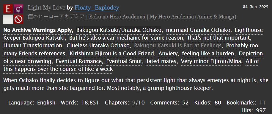 FloatyExplodey's tweet image. Chapter 9 of Light My Love is up! Missed the May mark a little but it&apos;s almost done!! Anyway, have some fluffy smut 😘  

#Kacchako #mermay 

archiveofourown.org/works/65456590…