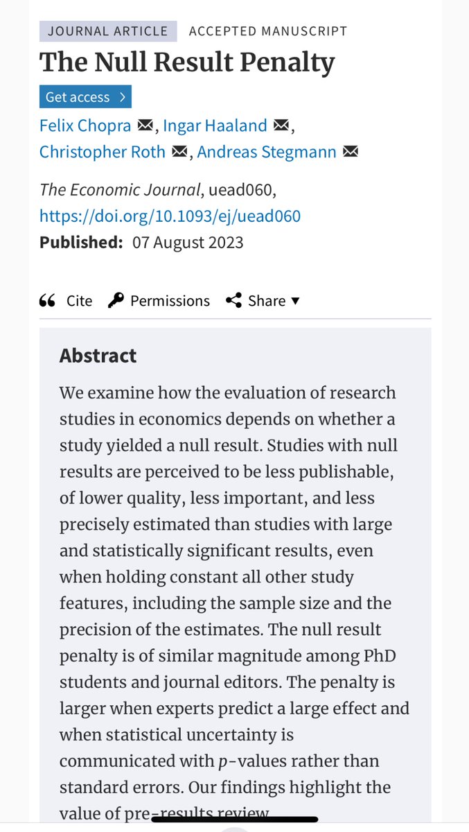“Studies with null results are perceived to be less publishable, of lower quality, less important, and less precisely estimated than studies with large and statistically significant results, *even when* holding constant all other study features.”

#NullEffectsMatter