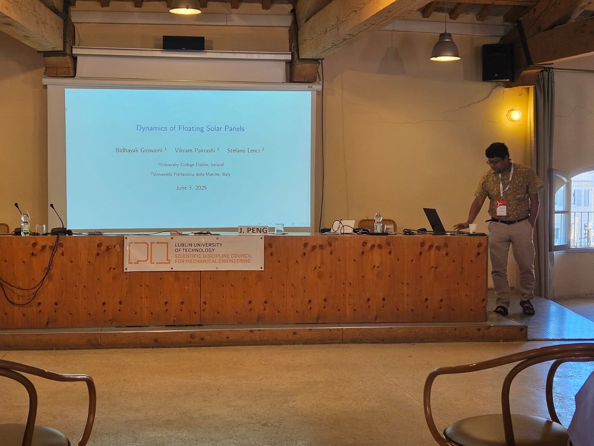 DSRL_UCDMECH's tweet image. Incredibe #IUTAM Symposium in Senigallia by Stefano Lenci & Jerzy Warminski, with so many relevant, leading and active names in #nonlineardynamics - focusing on #renewableenergy.
Happy to present our work with Bidhayak Goswami on #floatingsolar.
@UCDmechanics @UCD_Mech_Eng