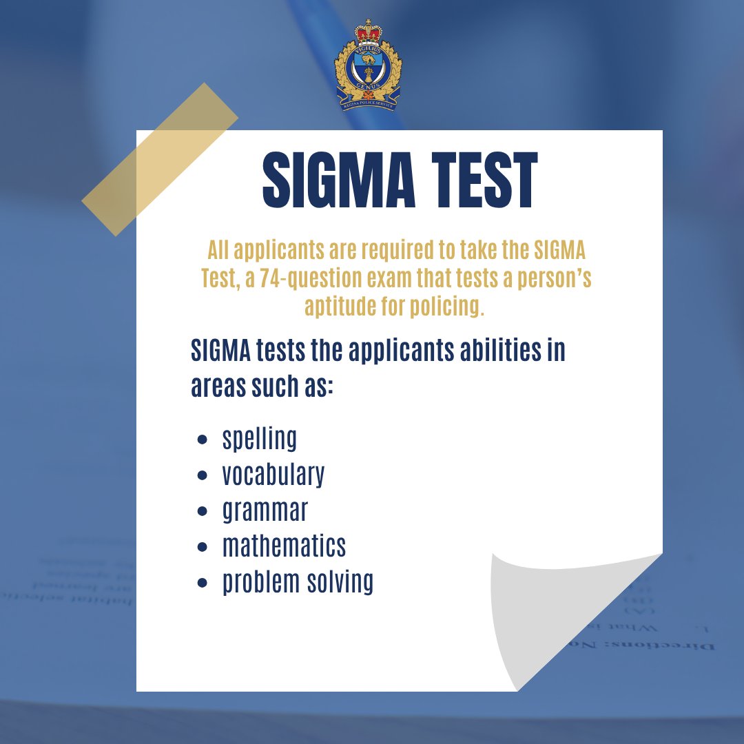 reginapolice's tweet photo. Thinking about joining RPS as a police officer?

You'll need to write the SIGMA Test — a 74-question exam on spelling, vocabulary, grammar, math &amp; problem-solving. Offered twice a year with 2 attempts. 

Learn more: https://t.co/vrI1LD39HX https://t.co/R4Zx3Hzz48
